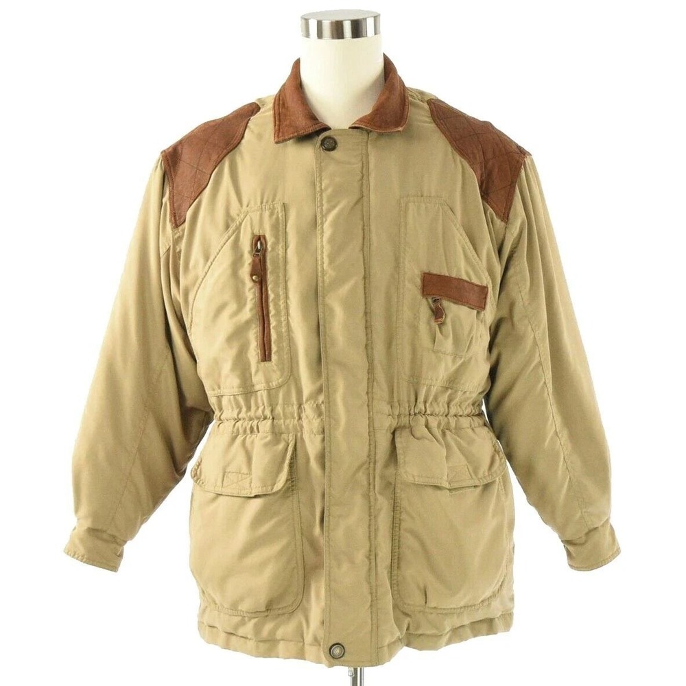 80s Vintage Down Filled Field Jacket Mens L Leather Trim Hunting Coat Western